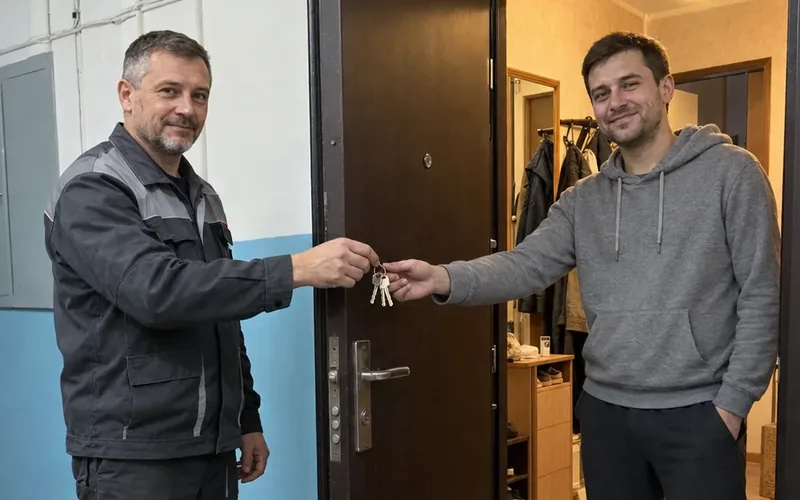 Мастер отдаёт хозяину ключи от нового замка у двери