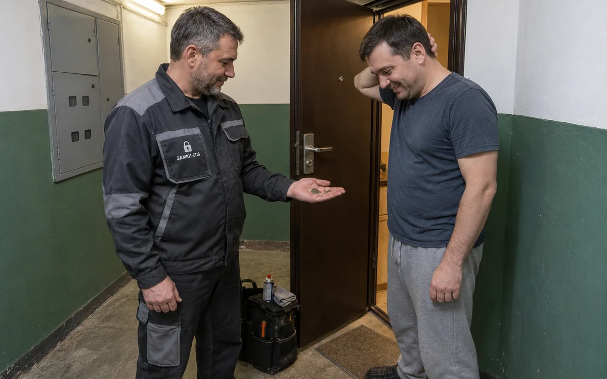 Мастер показывает клиенту обломки сломанного ключа у двери